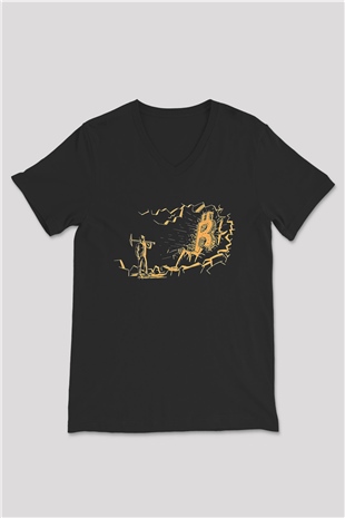Bitcoin Baskılı Unisex Siyah V Yaka Tişört - Tshirt