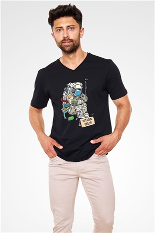 Bitcoin Baskılı Unisex Siyah V Yaka Tişört - Tshirt