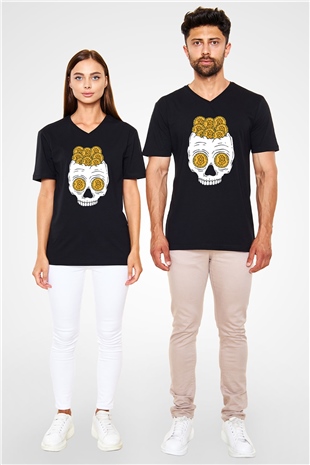 Bitcoin Baskılı Unisex Siyah V Yaka Tişört - Tshirt