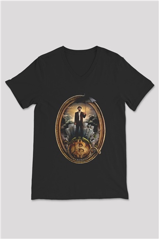 Bitcoin Baskılı Unisex Siyah V Yaka Tişört - Tshirt