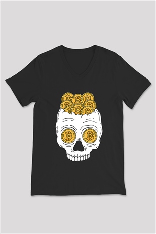 Bitcoin Baskılı Unisex Siyah V Yaka Tişört - Tshirt