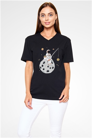 Bitcoin Baskılı Unisex Siyah V Yaka Tişört - Tshirt