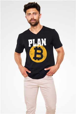 Bitcoin Baskılı Unisex Siyah V Yaka Tişört - Tshirt