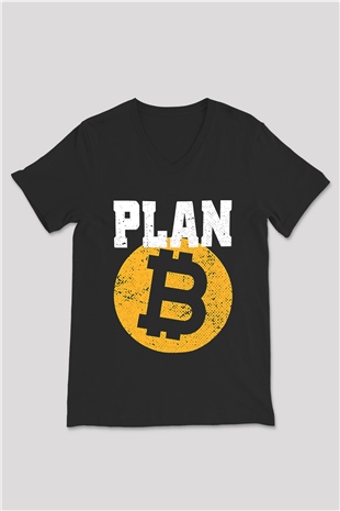 Bitcoin Baskılı Unisex Siyah V Yaka Tişört - Tshirt
