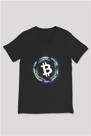 Bitcoin Baskılı Unisex Siyah V Yaka Tişört - Tshirt