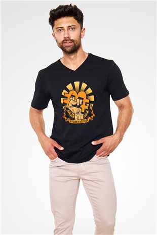 Bitcoin Baskılı Unisex Siyah V Yaka Tişört - Tshirt