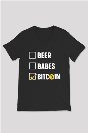 Bitcoin Baskılı Unisex Siyah V Yaka Tişört - Tshirt