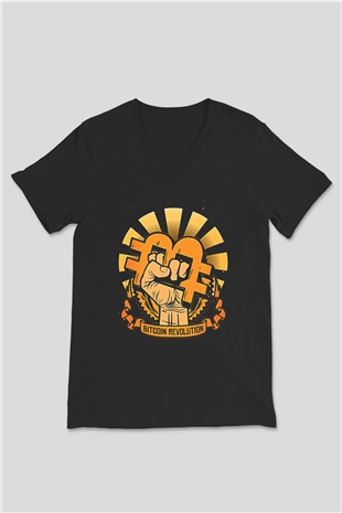Bitcoin Baskılı Unisex Siyah V Yaka Tişört - Tshirt