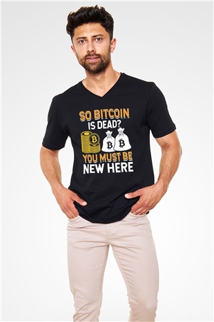 Bitcoin Baskılı Unisex Siyah V Yaka Tişört - Tshirt