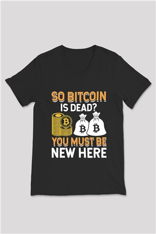Bitcoin Baskılı Unisex Siyah V Yaka Tişört - Tshirt