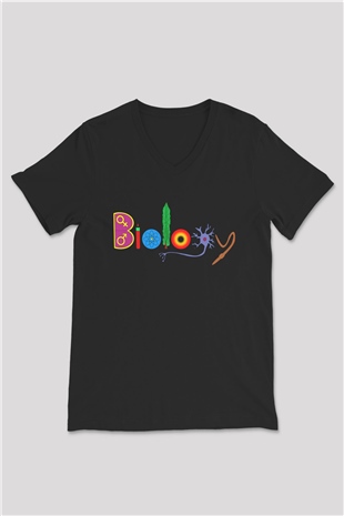 Biyolog Siyah Unisex V Yaka Tişört T-Shirt