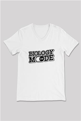 Biyoloji Baskılı Unisex V Yaka Beyaz Tişört - Tshirt