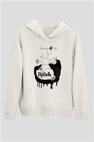 Björk Baskılı Beyaz Unisex Hoodie