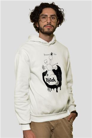 Björk Baskılı Beyaz Unisex Hoodie