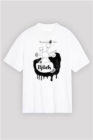 Björk Baskılı Beyaz Unisex Oversize Tişört - Tshirt