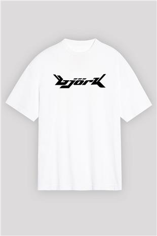 Björk Baskılı Beyaz Unisex Oversize Tişört - Tshirt