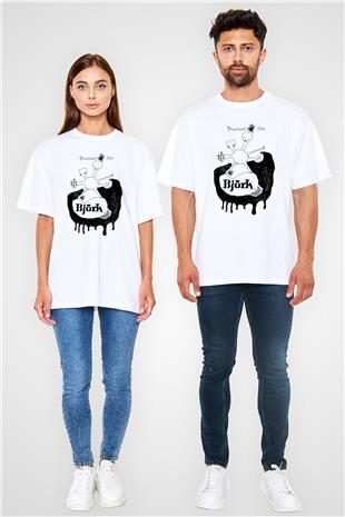 Björk Baskılı Beyaz Unisex Oversize Tişört - Tshirt