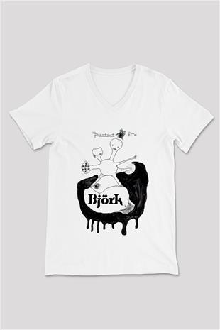 Björk Baskılı Beyaz Unisex V Yaka Tişört - Tshirt