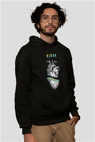 Björk Baskılı Unisex Siyah Hoodie