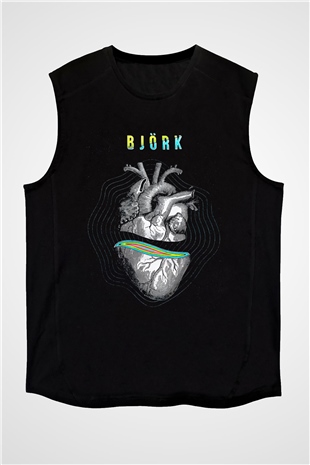 Björk Baskılı Unisex Siyah Kolsuz Tişört - Tshirt