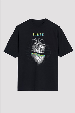 Björk Baskılı Unisex Siyah Oversize Tişört - Tshirt