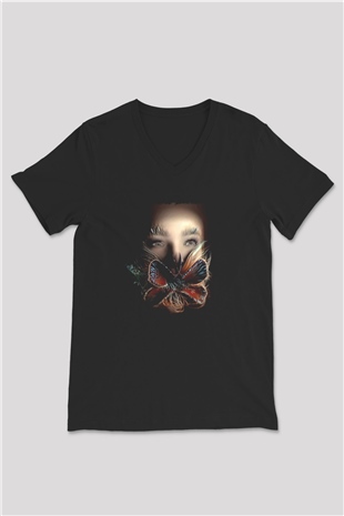 Björk Baskılı Unisex Siyah V Yaka Tişört - Tshirt