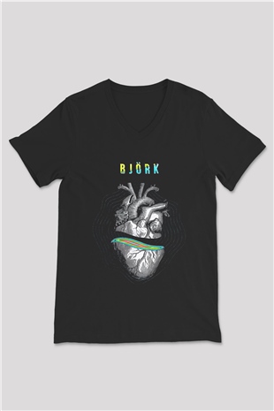 Björk Baskılı Unisex Siyah V Yaka Tişört - Tshirt