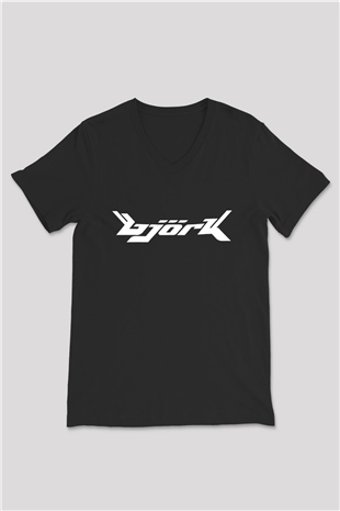 Björk Baskılı Unisex Siyah V Yaka Tişört - Tshirt