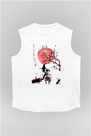 Black Clover Baskılı Beyaz Unisex Kolsuz Tişört - Tshirt