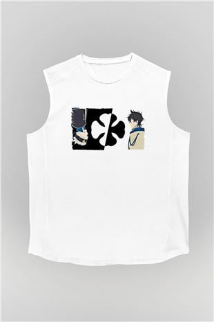 Black Clover Baskılı Beyaz Unisex Kolsuz Tişört - Tshirt