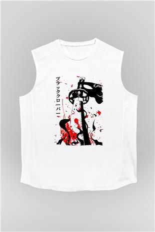 Black Clover Baskılı Beyaz Unisex Kolsuz Tişört - Tshirt