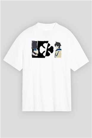Black Clover Baskılı Beyaz Unisex Oversize Tişört - Tshirt