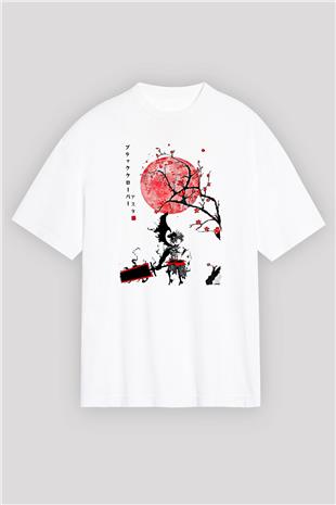 Black Clover Baskılı Beyaz Unisex Oversize Tişört - Tshirt