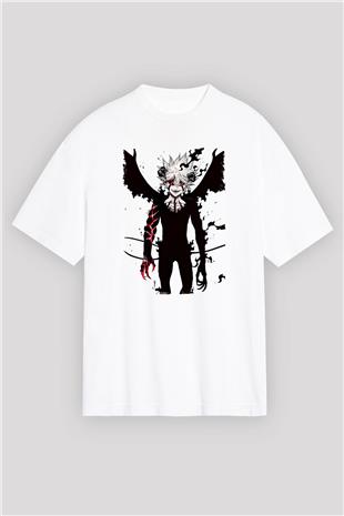 Black Clover Baskılı Beyaz Unisex Oversize Tişört - Tshirt