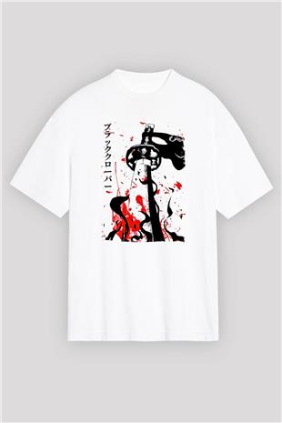 Black Clover Baskılı Beyaz Unisex Oversize Tişört - Tshirt