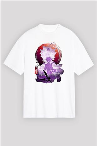 Black Clover Baskılı Beyaz Unisex Oversize Tişört - Tshirt