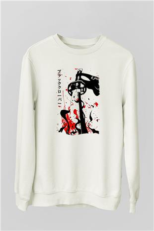 Black Clover Baskılı Beyaz Unisex Sweatshirt