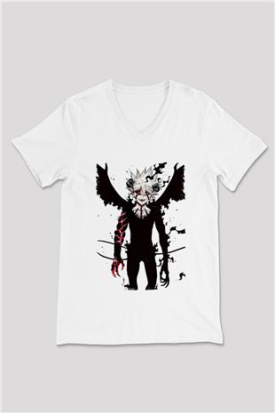 Black Clover Baskılı Beyaz Unisex V Yaka Tişört - Tshirt