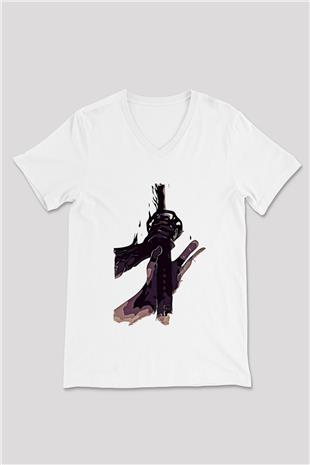Black Clover Baskılı Beyaz Unisex V Yaka Tişört - Tshirt