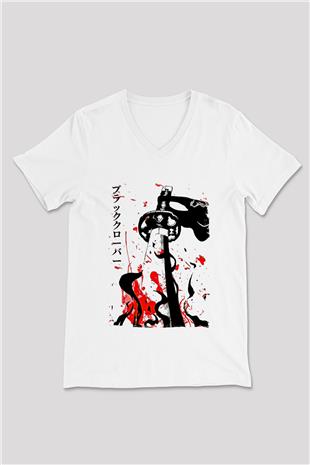 Black Clover Baskılı Beyaz Unisex V Yaka Tişört - Tshirt