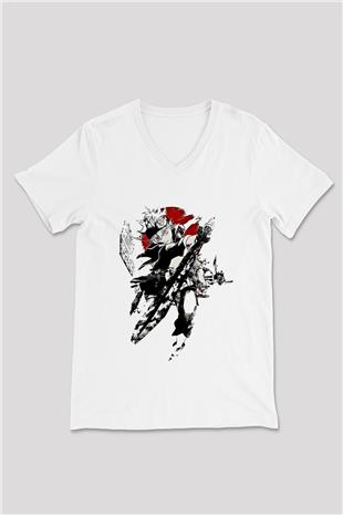 Black Clover Baskılı Beyaz Unisex V Yaka Tişört - Tshirt