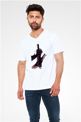 Black Clover Baskılı Beyaz Unisex V Yaka Tişört - Tshirt