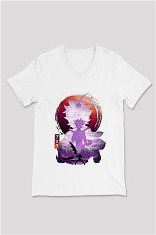 Black Clover Baskılı Beyaz Unisex V Yaka Tişört - Tshirt