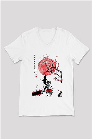 Black Clover Baskılı Beyaz Unisex V Yaka Tişört - Tshirt