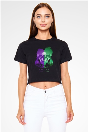 Black Clover Baskılı Siyah Crop Top Kadın Tişört - Tshirt