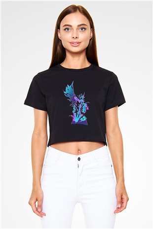 Black Clover Baskılı Siyah Crop Top Kadın Tişört - Tshirt