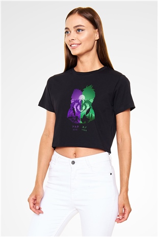 Black Clover Baskılı Siyah Crop Top Kadın Tişört - Tshirt