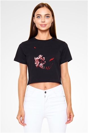 Black Clover Baskılı Siyah Crop Top Kadın Tişört - Tshirt