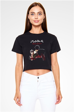Black Clover Baskılı Siyah Crop Top Kadın Tişört - Tshirt