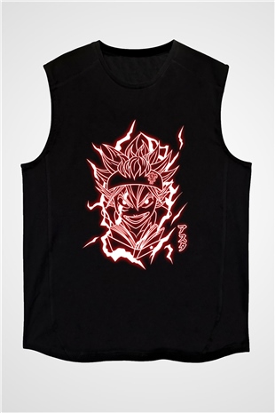 Black Clover Baskılı Unisex Siyah Kolsuz Tişört - Tshirt